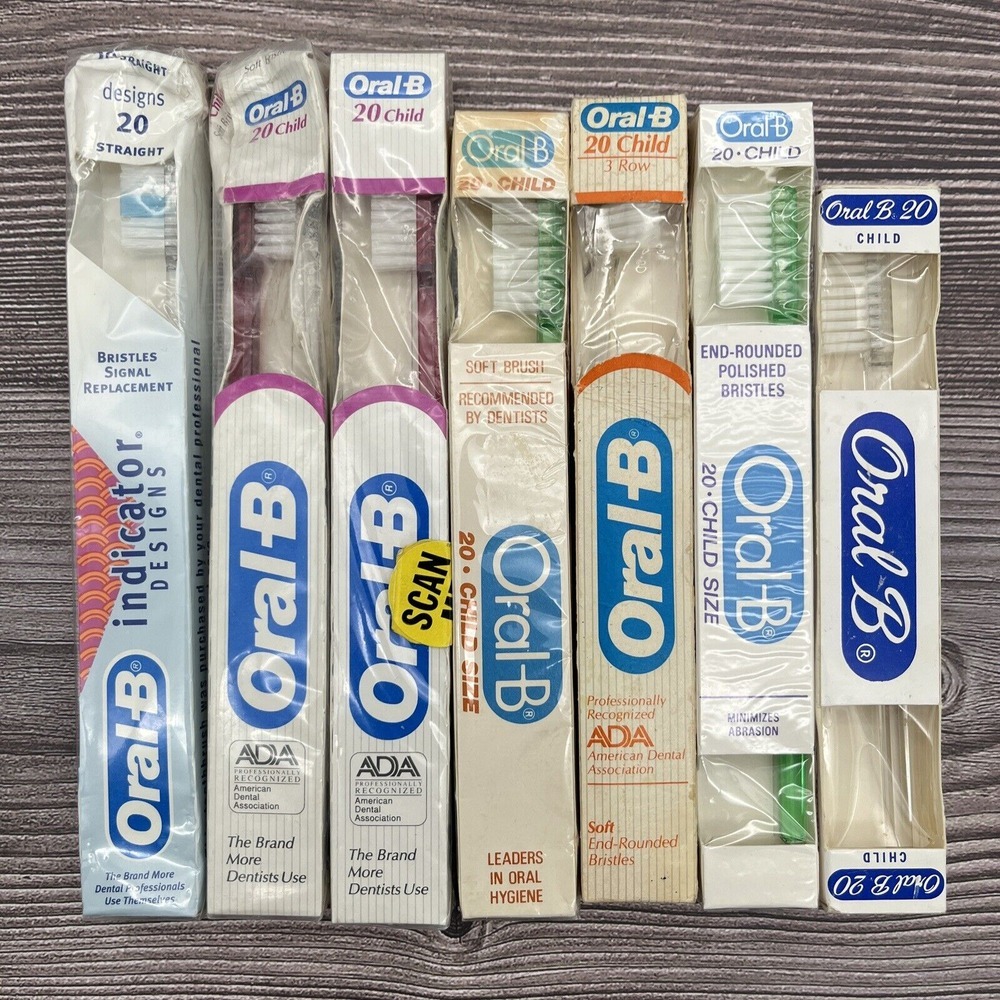7 Lot VTG 1980s Oral-B 20•CHILD 3 ROW Toothbrush NIB Clear Round soft Bristles